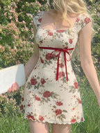 Square Neck Dress, Summer Pure Desire Style Bow Waist Cinching Short Bodycon Skirt, Sweet Style Printed Dress, Summer Date Ribbon Bow Waist Cinching Mesh Mini Skirt, Suitable for Birthday Parties, Weekend Parties, and Vacation Outings - Mixed colors