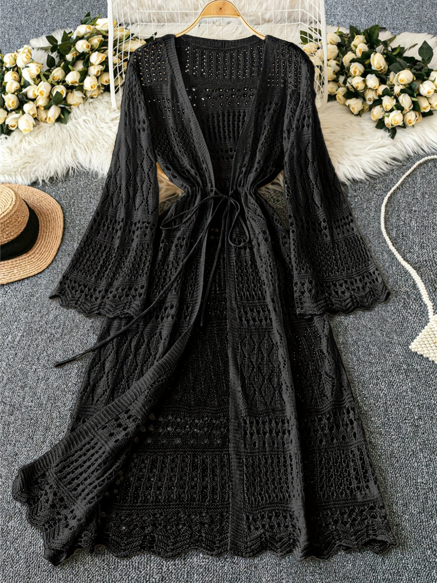 Women's Solid Color Beach Vacation Romantic Crochet Mesh Drawstring Tie Bow Cardigan Western Clothing - High-End - Black