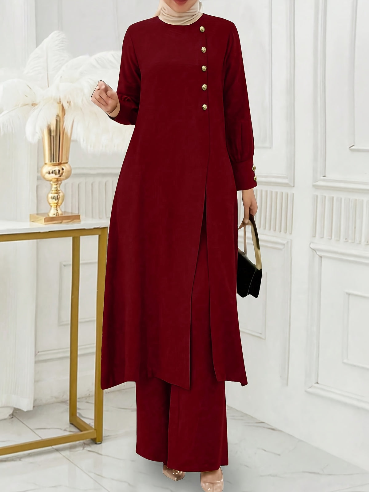 Ramadan, Women's Front-Button Long Sleeve Slit Dress & Pants Casual Arabic Style 2pcs Set, Only Clothes, Without Headscarf - Burgundy