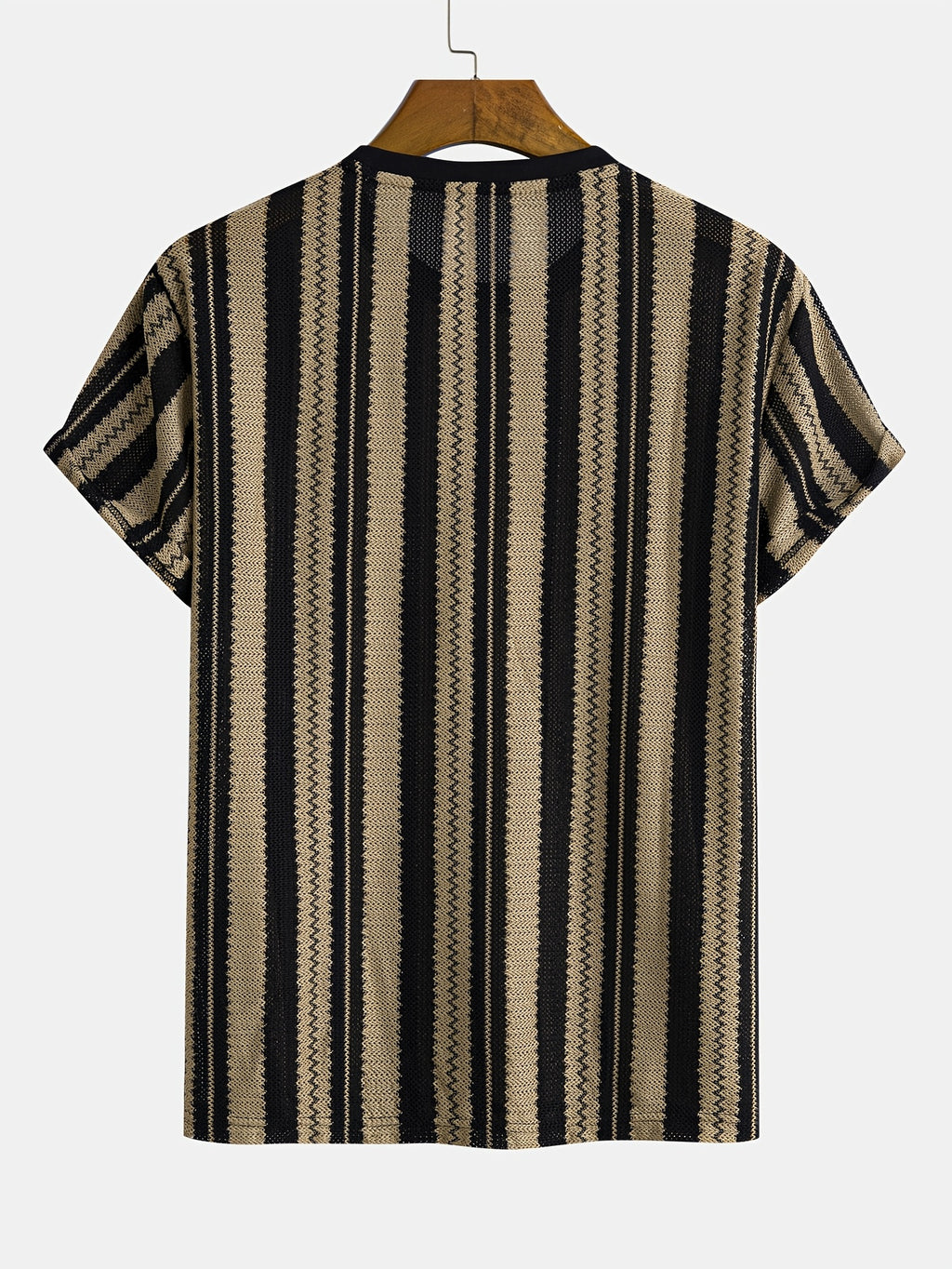 Men's Knitted Jacquard Striped Crew Neck Short Sleeve T-Shirt, Soft Stretch Breathable Casual Fashion Summer Top for Daily Street Vacation Outdoor Wear - Khaki