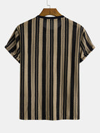 Men's Knitted Jacquard Striped Crew Neck Short Sleeve T-Shirt, Soft Stretch Breathable Casual Fashion Summer Top for Daily Street Vacation Outdoor Wear - Khaki