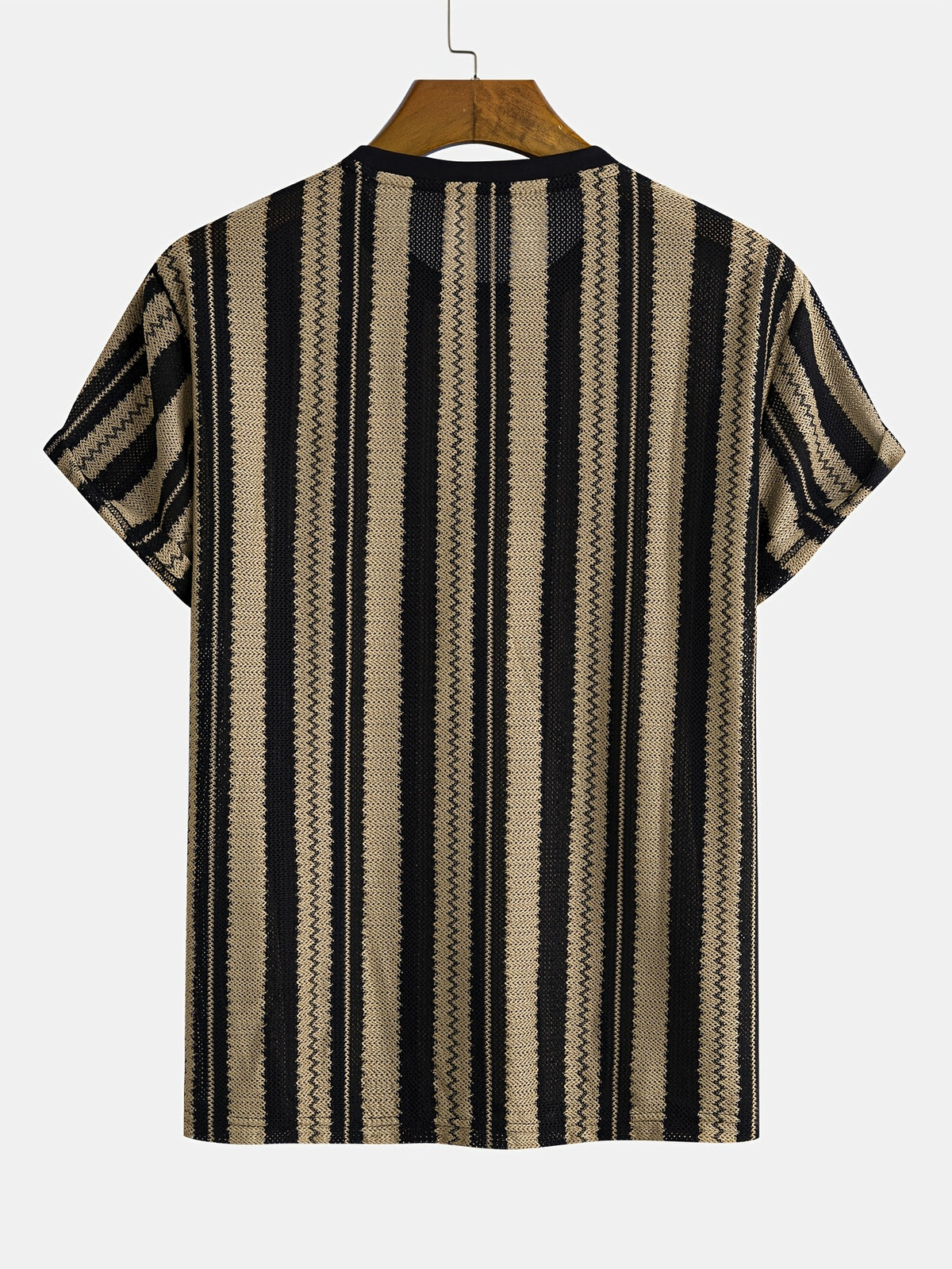 Men's Knitted Jacquard Striped Crew Neck Short Sleeve T-Shirt, Soft Stretch Breathable Casual Fashion Summer Top for Daily Street Vacation Outdoor Wear - Khaki