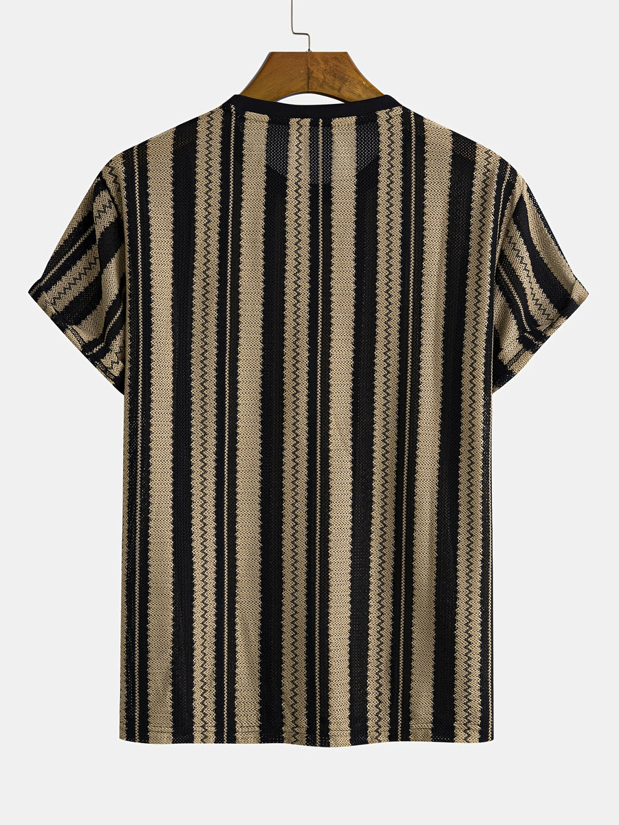 Men's Knitted Jacquard Striped Crew Neck Short Sleeve T-Shirt, Soft Stretch Breathable Casual Fashion Summer Top for Daily Street Vacation Outdoor Wear - Khaki