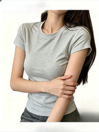 Women'S Casual Short Sleeve T-Shirt, Ladies Round Neck Slim Fit Inner Wear Bust-Enhancing Stretch Tight Solid Base Layer - Grey