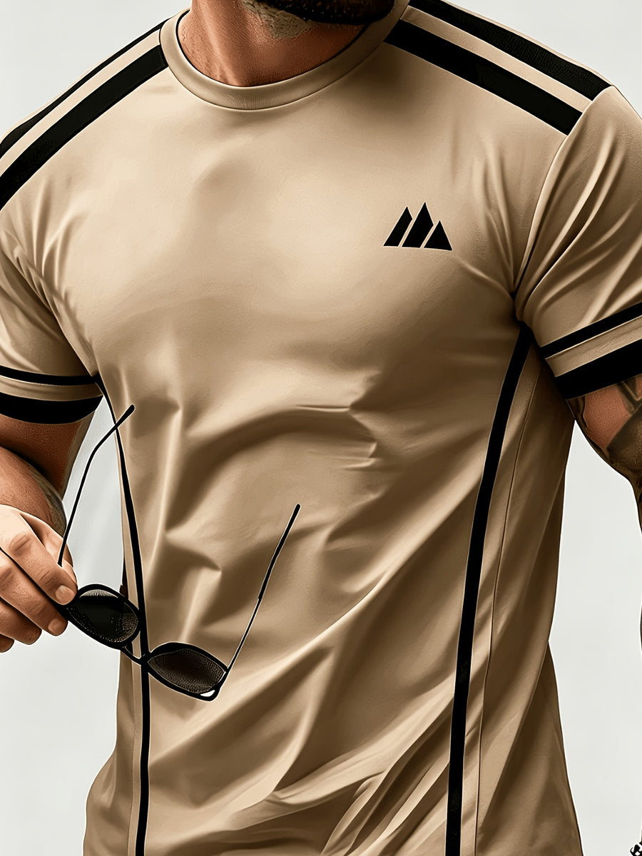 Men'S Trendy Casual Sports T-Shirt, Yellow Black Contrast Striped Mountain Peak Small Label Print Design, Fashionable Thin Breathable T-Shirt, Machine Washable Casual Short Sleeve Top - Mixed Color 20