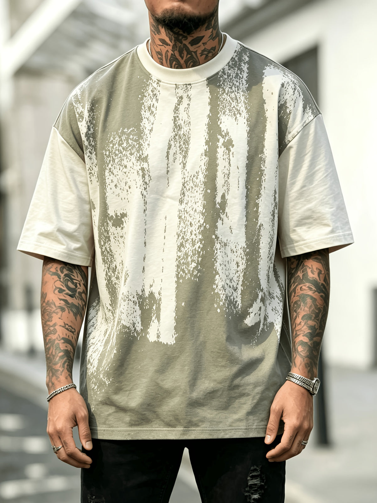 Men'S Oversized Drop Shoulder Crew Neck Short Sleeve T-Shirt, Vintage Faded Vertical Splash Print Elastic Loose Fit Hip Hop Streetwear Basic Tee, Breathable Relaxed Cut Summer Daily Outdoor Workout Casual Top for Men - Apricot