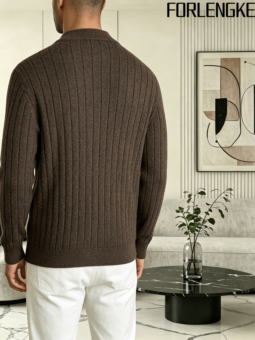 FORLENGKE Men'S Solid Color Stand Collar Cable Knit Zip Cardigan, Autumn And Winter Vintage Braided Texture Sweater, Casual Regular Fit, Suitable for Commuting And Traveling, Versatile Men'S Knit Jacket Available in Multiple Colors - Coffee Color