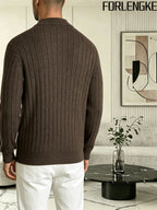 FORLENGKE Men'S Solid Color Stand Collar Cable Knit Zip Cardigan, Autumn And Winter Vintage Braided Texture Sweater, Casual Regular Fit, Suitable for Commuting And Traveling, Versatile Men'S Knit Jacket Available in Multiple Colors - Coffee Color