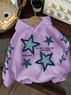 Vintage Denim Fringe Star Hooded Sweatshirt with All-Over Five-Pointed Star Print, a Versatile Casual Hoodie Top for Spring and Autumn - Purple