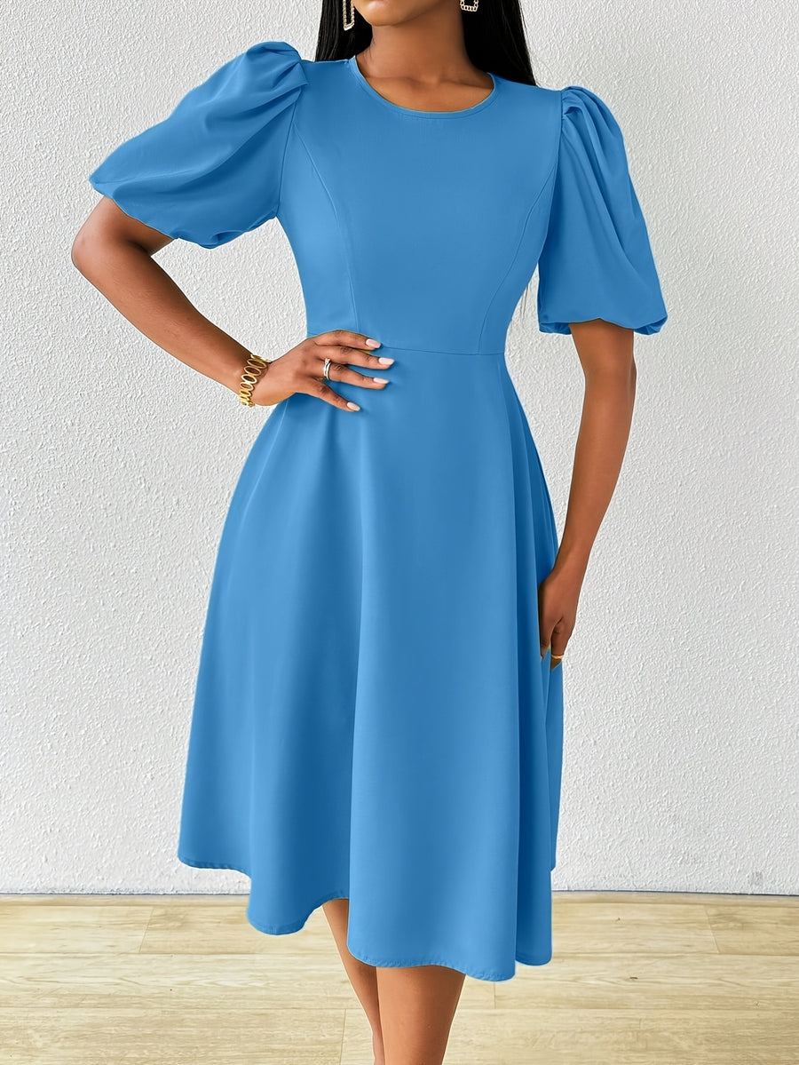 Solid Color Princess Sleeve Dress with Round Neck, Short Sleeves, and Waist Cinching, Suitable for Vacations, Ceremonies, Garden Parties, Graduation Season, Concerts, Weddings, and as a Bridesmaid Dress for Women - Deep Sky Blue