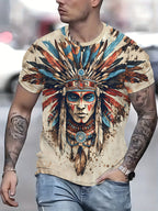 Printed Design – Not Textured Men's Indigenous Chief Print T-Shirt - Tribal Headdress and Feather Design, Vibrant Colors, Polyester Fabric, Comfortable Casual Wear, Suitable for Cultural Events and Leisure Occasions - Men's Ethnic Style  T-Shirt - Cream Color