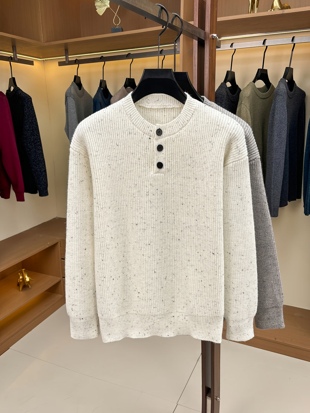 Du Jing Lan OBM Spring/Autumn New Arrival Men's Knit Pullover, Old Money Style Contrast Color Half-Open Placket Crew Neck Long Sleeve Knit Pullover, Men's Business Casual Fashion Ribbed Sweater, Suitable for Layering or Wearing as an Inner Layer - White