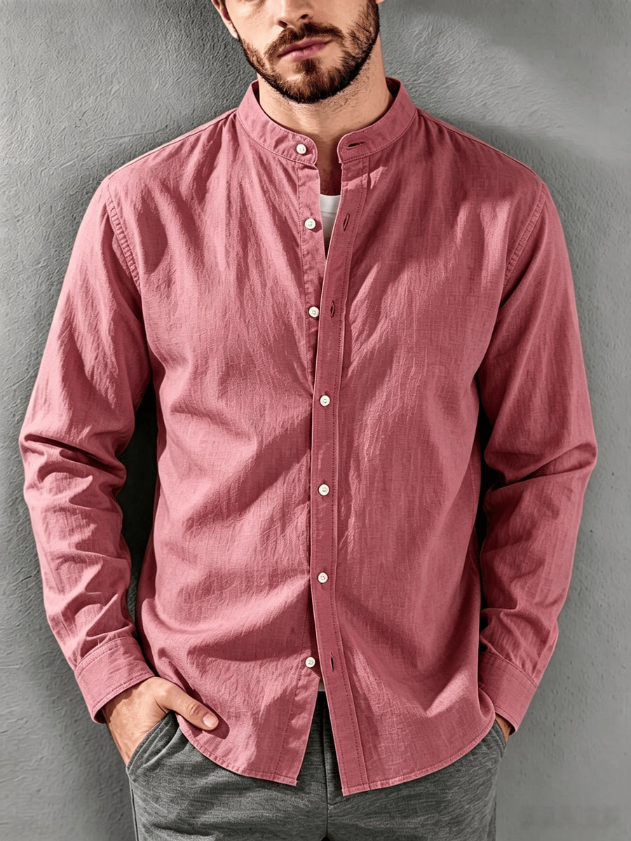[Know And Give OBM] Men'S Long Sleeve Button-Casual Beach Shirt - Spring Summer Autumn, Commute Style, Light Mature Casual, All-Match Top, Beach Wear, Stand Collar Shirt with Relaxed Fit, Men'S Solid Color, Comfortable Top - Dusty Rose