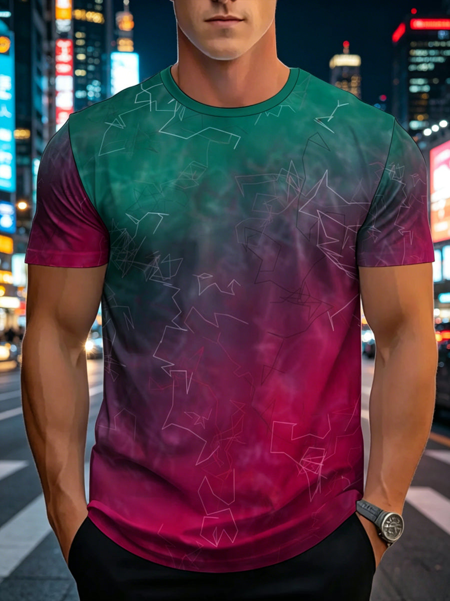 Men's Gradient Tie-Dye T-Shirt - Ombre Green to Red Color Shift, Soft Breathable Fabric, Lightweight Round Neck Casual Shirt Suitable for Gym, Outdoor & Casual Attire, Machine Washable Suitable for Home, Fitness, and Outdoor Activities - Mixed colors
