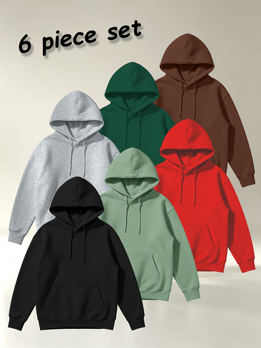 [Villa Joy Water OBM] 6pcs Set Solid Color Basic Hooded Sweatshirt Set Unisex Multi-Color Loose Pullover with Kangaroo Pocket Basic Style Autumn Winter Hoodie Combination - Black + Light Green + Red + Light Gray + Dark Green + Brown