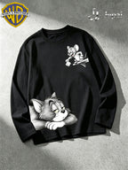 Warner Bros. Exclusive License, Men'S Hip-Hop Streetwear Classic Character Print Long Sleeve Shirt, Casual Apparel, Fashion Top, Suitable for Spring And Autumn Outdoor Activities - Black