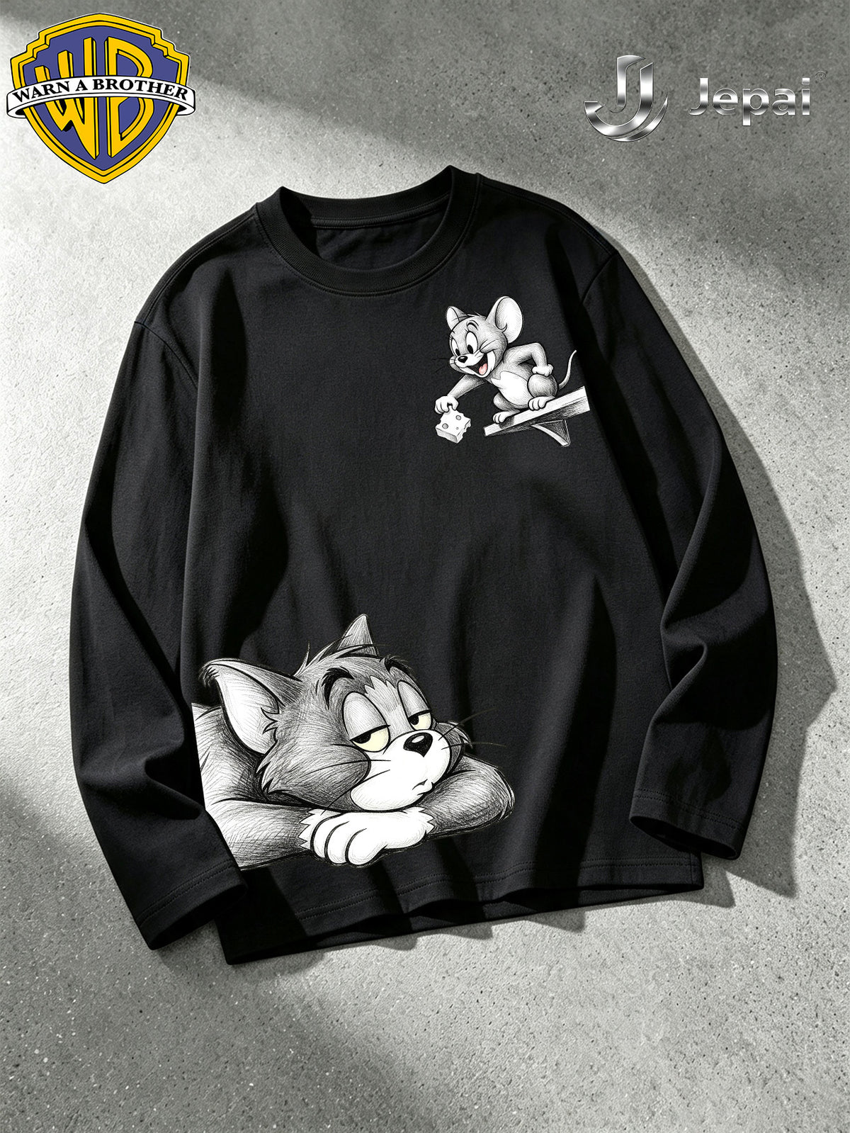 Warner Bros. Exclusive License, Men'S Hip-Hop Streetwear Classic Character Print Long Sleeve Shirt, Casual Apparel, Fashion Top, Suitable for Spring And Autumn Outdoor Activities - Black