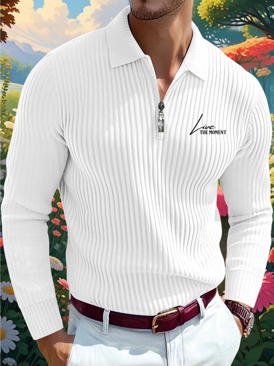 Men's Autumn/Winter Long Sleeve Lapel Collar Outdoor Casual Sport Half-Zip Polo Shirt - White