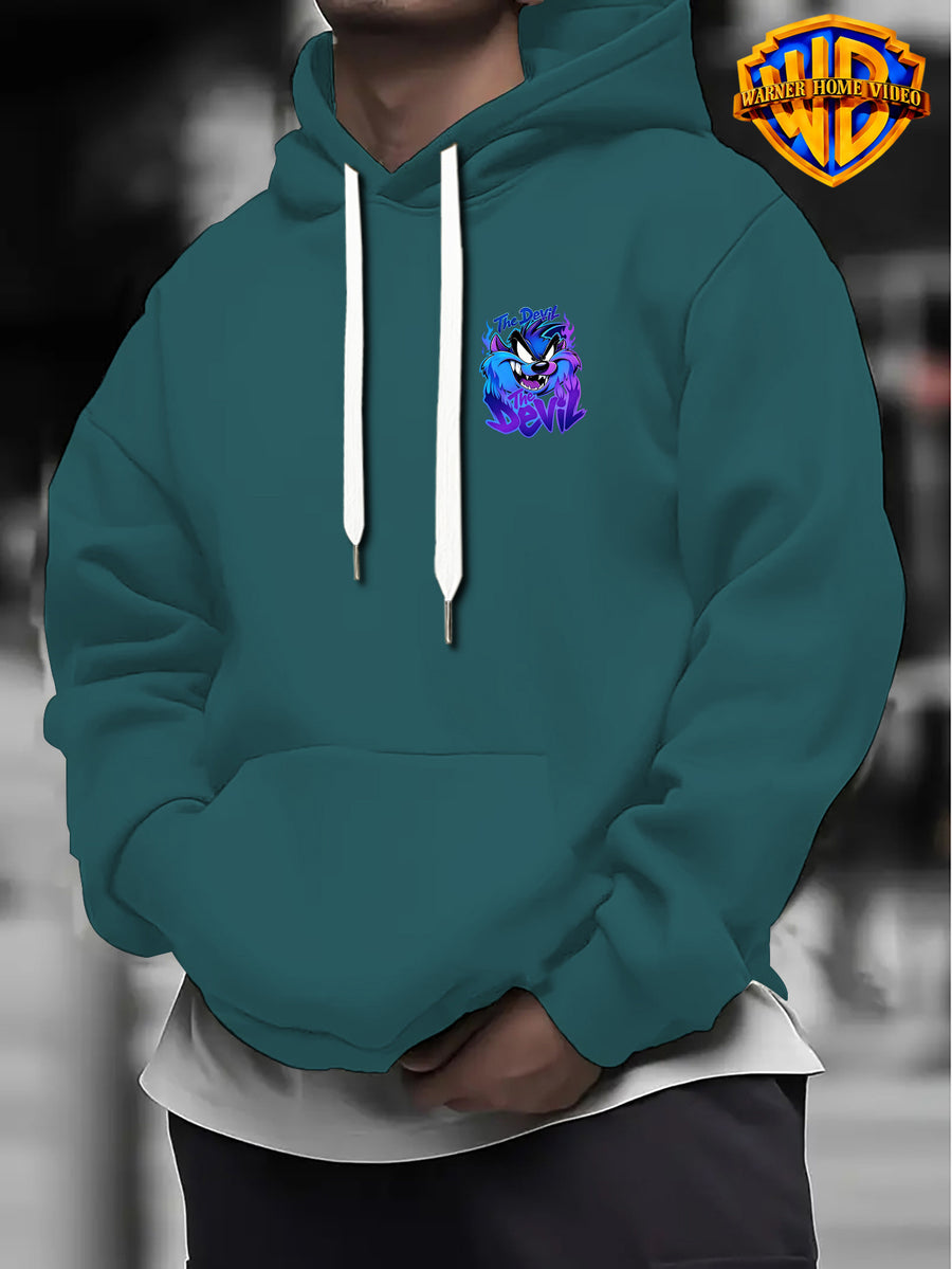 Warner Bros Official 1pc Cyber Purple-Blue Flame Background Grimace The Devil Graffiti Font Casual Hoodie - Men's Fashion Hoodie, Double-Sided Front and Back Print, Adjustable Drawstring Loose and Comfortable Sweatshirt, Suitable for Daily - Green