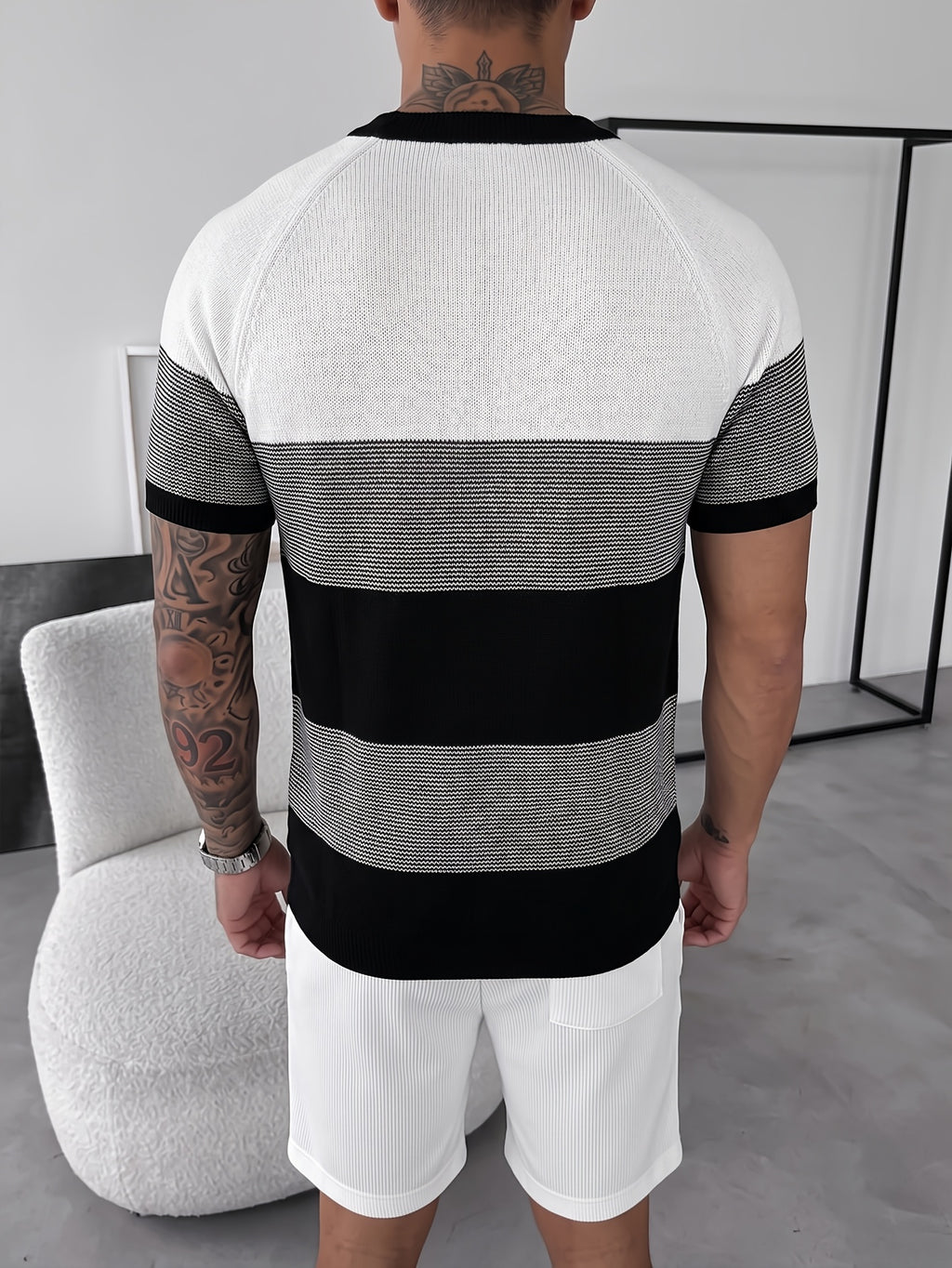 Summer Men'S Trendy Apparel Fashionable Individual Comfortable Versatile Knit Short Sleeve, Casual Classic Black And White Striped Contrast Round Neck Sweater, Office School Travel Vacation Street Wear - Black