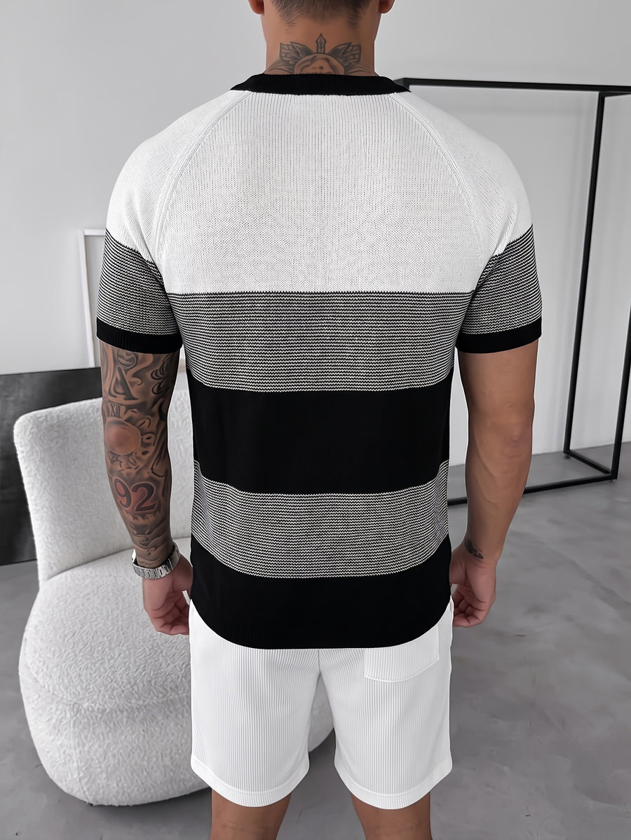 Summer Men'S Trendy Apparel Fashionable Individual Comfortable Versatile Knit Short Sleeve, Casual Classic Black And White Striped Contrast Round Neck Sweater, Office School Travel Vacation Street Wear - Black