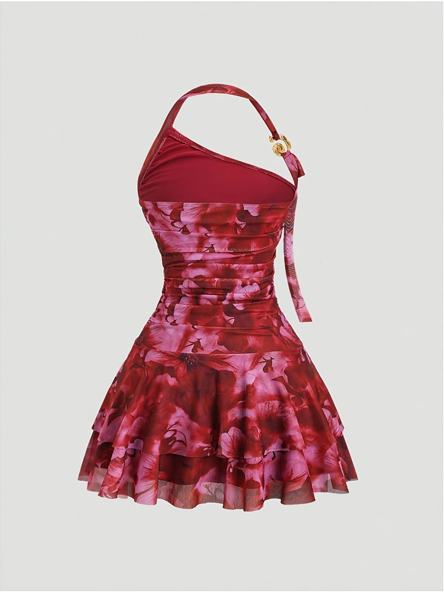 Exquisite Fashionable Party Attire Wedding Guest Graduation Birthday Evening Gown Women'S Elegant Halter Neck One-Shoulder Ruched Tulle Tailored Short-Length Dress Bridesmaid Dress Women'S - Red