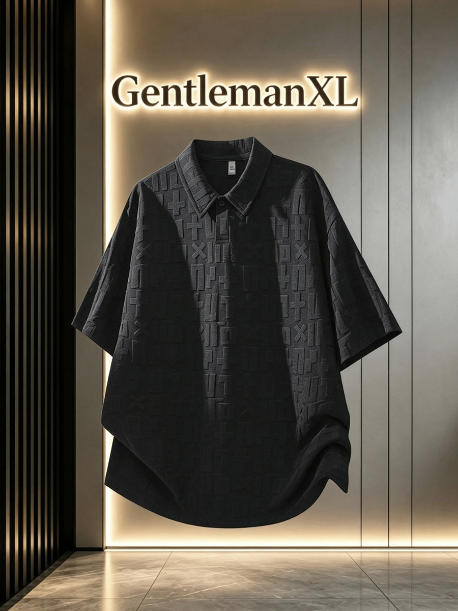 Men'S Summer Jacquard Textured Short Sleeve T-Shirt, Premium Casual Loose Top - Black