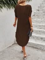 V-Neck Asymmetrical Long Top, Batwing Short Sleeve Loose Curved Hem Front Short Back Long Shirt, Textured Pleated Fabric, Casual Commute Leisure, Beach Vacation Blouse - Coffee Color