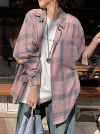Women'S Shirt Multicolor Brushed Checkered Shirt Loose Top - Pale Pinkish Gray