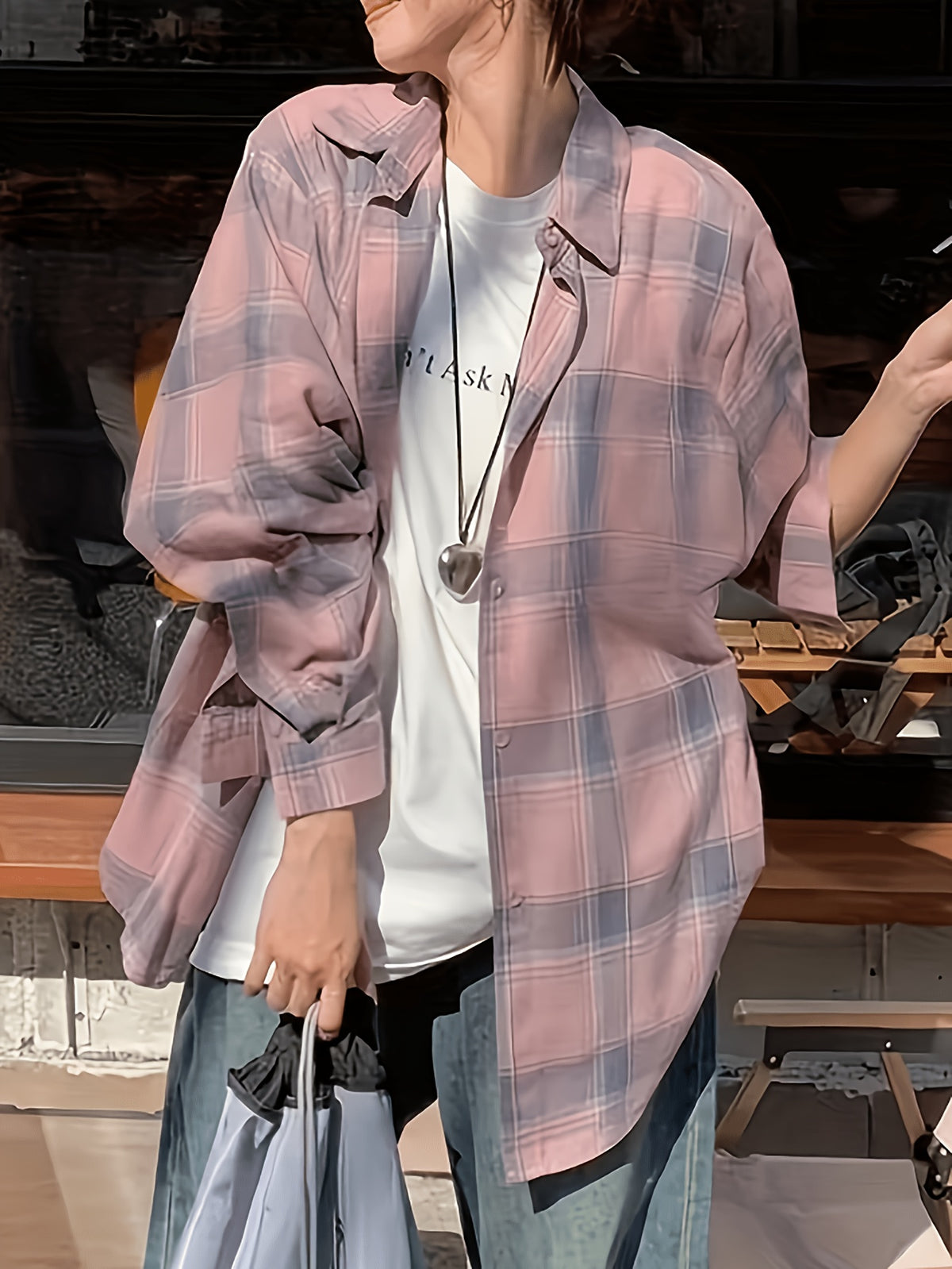 Women'S Shirt Multicolor Brushed Checkered Shirt Loose Top - Pale Pinkish Gray