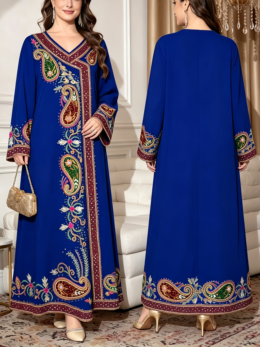 2026 Middle Eastern Elegant Robe Western Spring Autumn Fashion V-Neck Women'S Ethnic Print Temperament Commute Loose Comfortable Vacation Style Long Sleeve Dress Daily Date Festival Party Wear - Blue