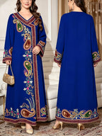 2026 Middle Eastern Elegant Robe Western Spring Autumn Fashion V-Neck Women'S Ethnic Print Temperament Commute Loose Comfortable Vacation Style Long Sleeve Dress Daily Date Festival Party Wear - Blue