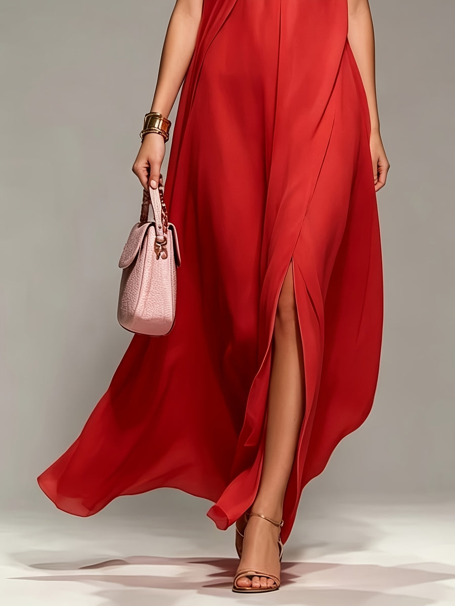 New Spring/Summer 2026 Small Round Neck Fashionable Split Versatile Women's Dress - Red