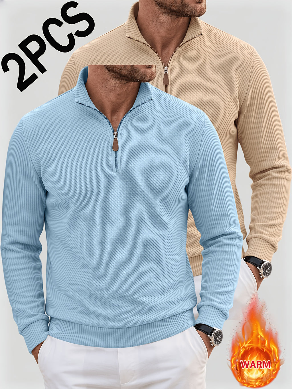 2pcs Men'S Autumn Winter New Corduroy Textured Half-Zip Stand Collar Knit Sweater Set, Light Luxury Long Sleeve Elastic Ribbed Base Layer Business Casual Inner Outerwear; Daily Commute, Home Entertaining, Camping Dating Scenarios - Light Blue+Khaki