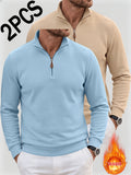 2pcs Men'S Autumn Winter New Corduroy Textured Half-Zip Stand Collar Knit Sweater Set, Light Luxury Long Sleeve Elastic Ribbed Base Layer Business Casual Inner Outerwear; Daily Commute, Home Entertaining, Camping Dating Scenarios - Light Blue+Khaki