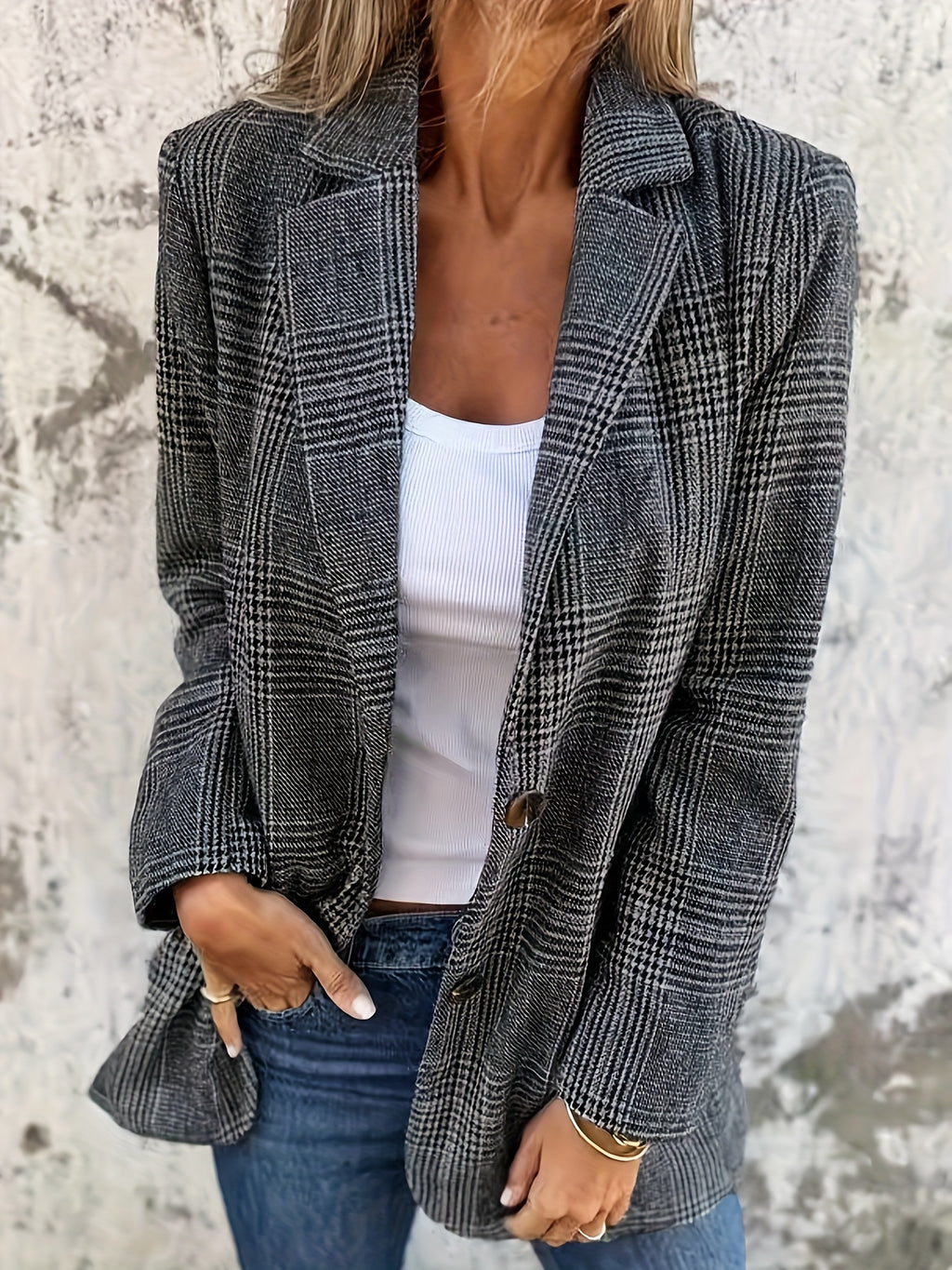 Fashion Vintage Plaid Blazer | Single Breasted, Long Sleeve, Half Placket, Elegant Style, Suitable for Business, Office, and Daily Wear in Fall/Winter - Blue