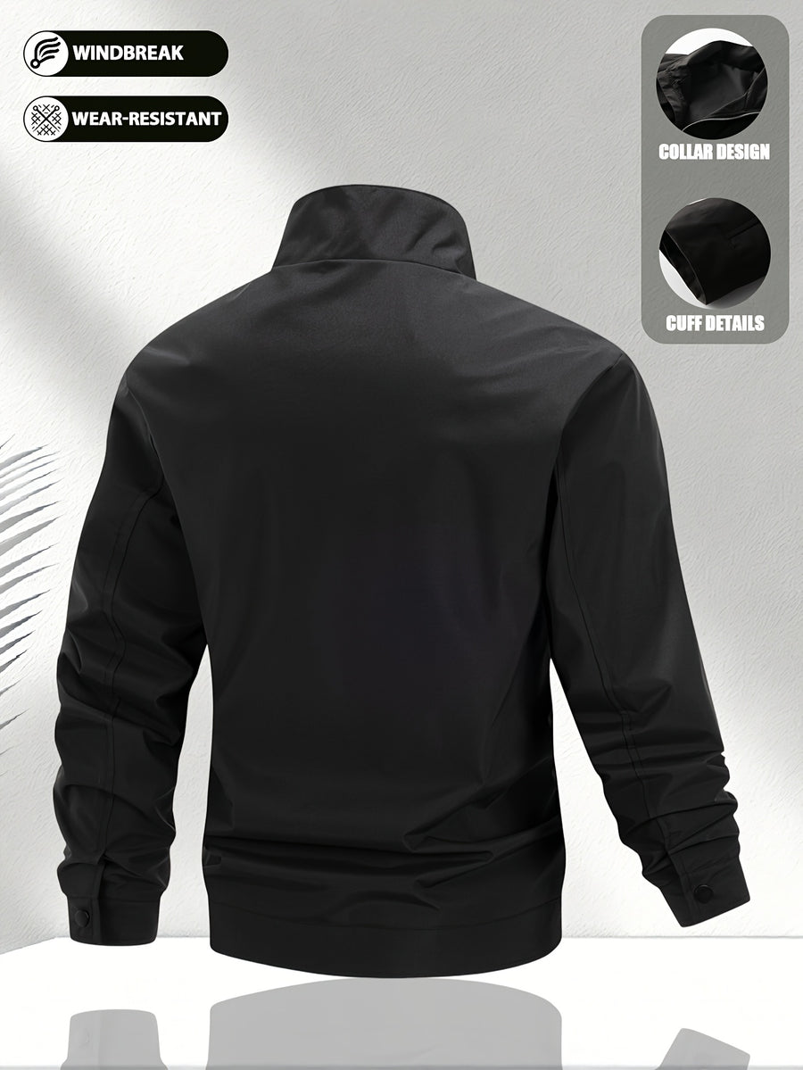 Men'S Solid Color Stand-Collar Jacket, Street Casual Campus Outing Style, Lightweight Windproof Practical Fabric, Minimalist All-Match Cargo Style, Spring/Autumn Standard Fit - 637 - Black