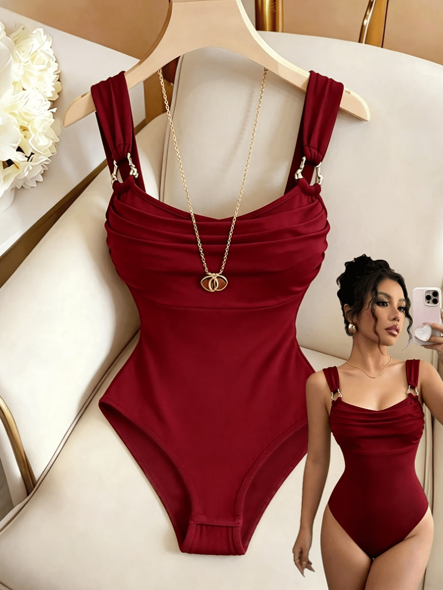 1pc Elegant Burgundy Square Neck Cami Bodysuit with Metal Buckle, Pleated Stretchy Slim-Fit Base Layer Top for Women, Summer Office Party, High-End Style - Burgundy