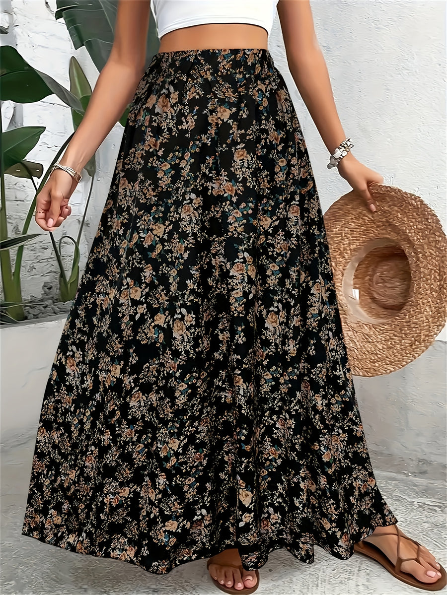 DJ260408847 Spring/Summer Elegant Small Floral Print Stretch Waist Bohemian Style Maxi Dress - Black