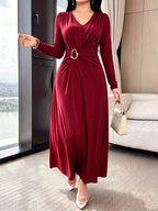 New Autumn Long Sleeve Middle Eastern Style Slim-Fit Sleeveless Waist-Cinching Dress with Metal Buckle Decoration, Long French-Style Light Luxury Commuting and Banquet Dress for Women - Burgundy