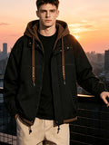 Autumn Winter Men'S New Faux Two-Piece Jacket with Hooded Trench Coat Cargo Jacket Couple Style Coat Casual Color-Block Design, Zipper with Drawstring And Pockets, All-Match Fashion - Black