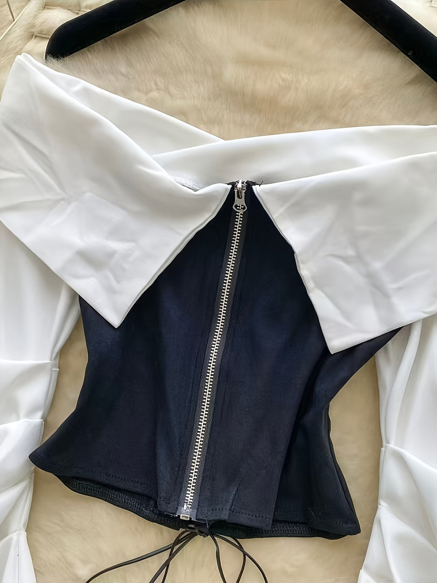 Spring Summer Fashion New Style Top Elegant Contrast Color Patchwork Off-Shoulder Square Neck Drawstring Short Top - Black And White Contrast
