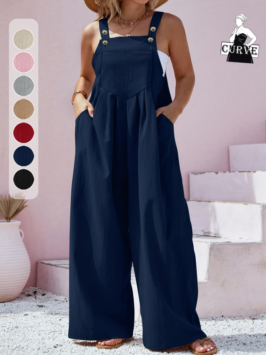 Plus Size - Spring Summer Women'S Plus Size Solid Color Button Bib Jumpsuit - Comfortable Casual Homewear (Front Length with Straps, Measure After Fastening Last Button) - Navy blue color