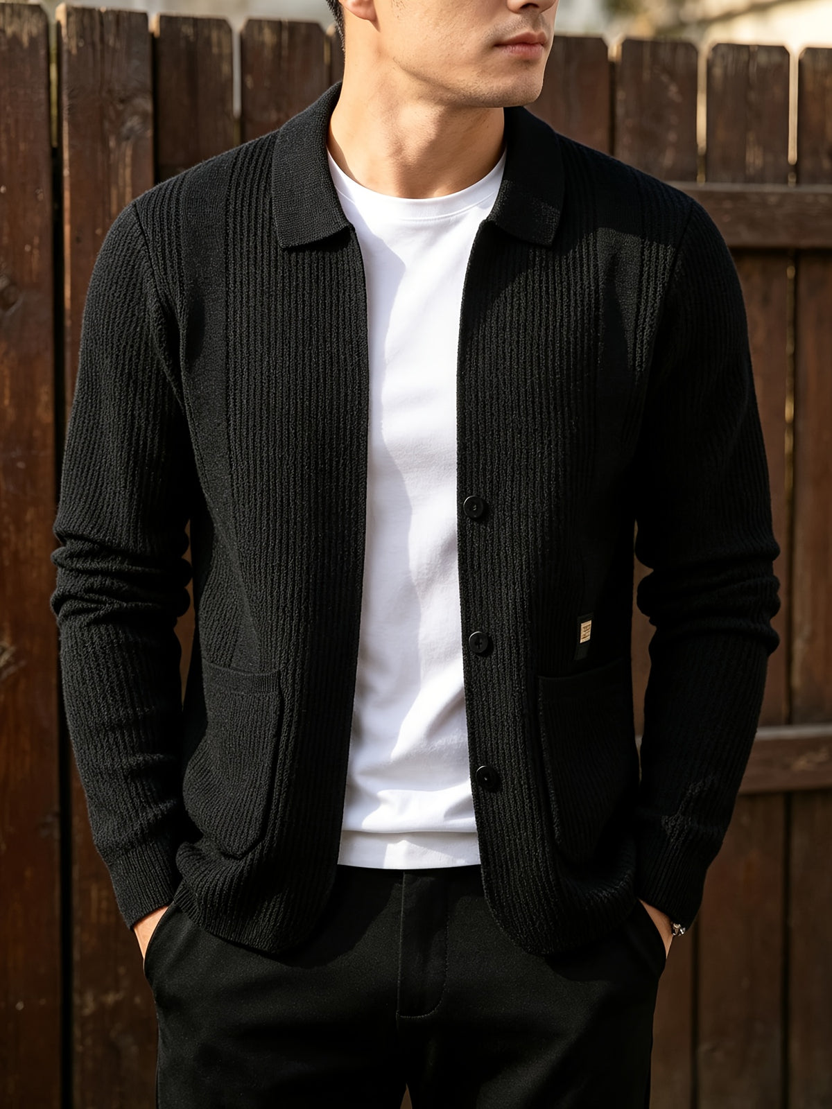 Men's Lightly Mature Business Casual Lapel Knit Cardigan, Vertical Stripe Textured Breathable Wrinkle-Resistant Knit Outerwear, Comfortable, Soft, and Skin-Friendly, with Simple Single-Breasted Design and Dual Pockets, Structured Fit for a Slimming - Black