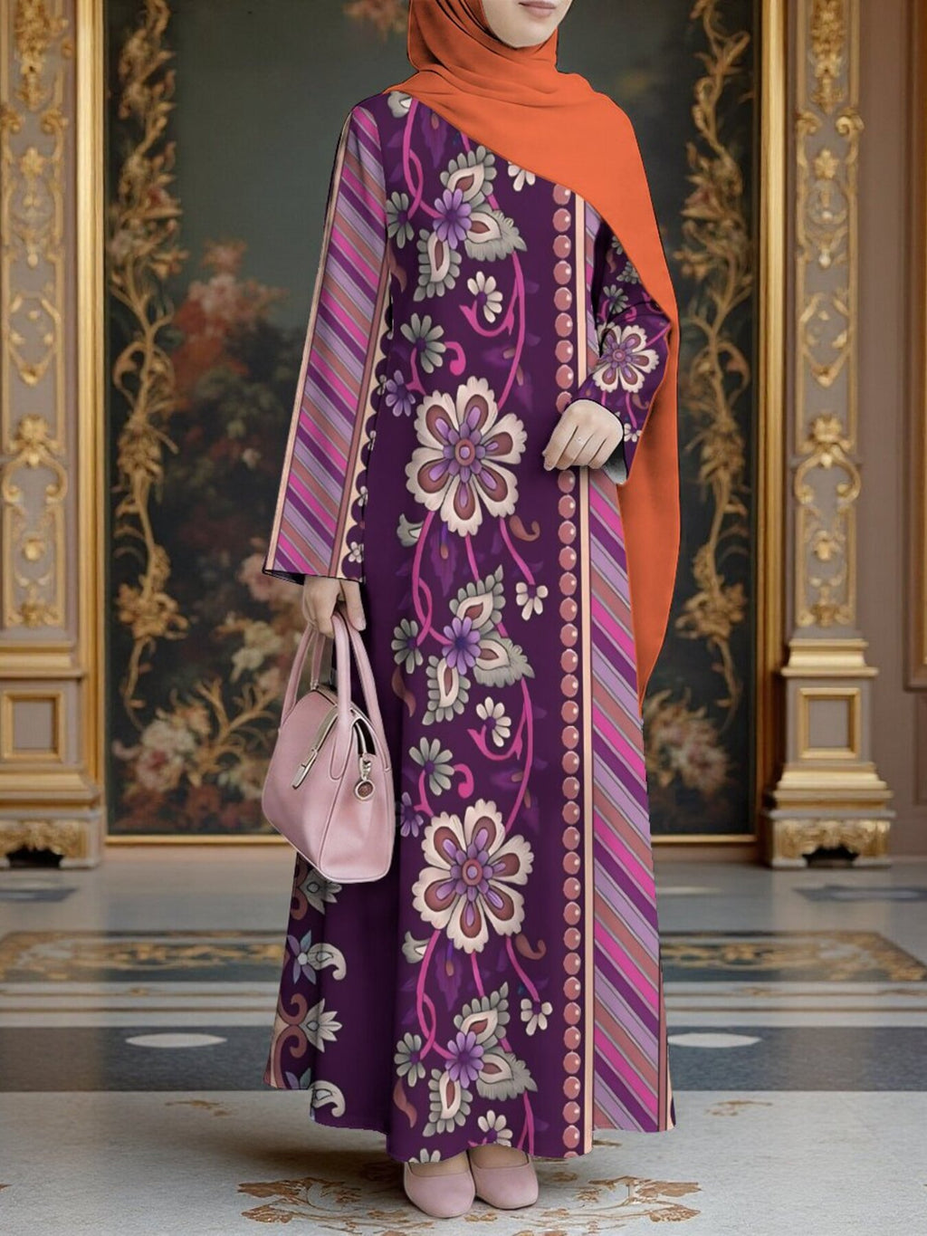 New Middle Eastern Style Muslim Elegant Robe, Retro Vine Floral Print Women'S Long Dress, Side Stripe Decorative Design, Long Sleeve Loose Flowing Cut, Conservative And Modest, Suitable for Prayer, Outings, Family Gatherings - Mixed colors