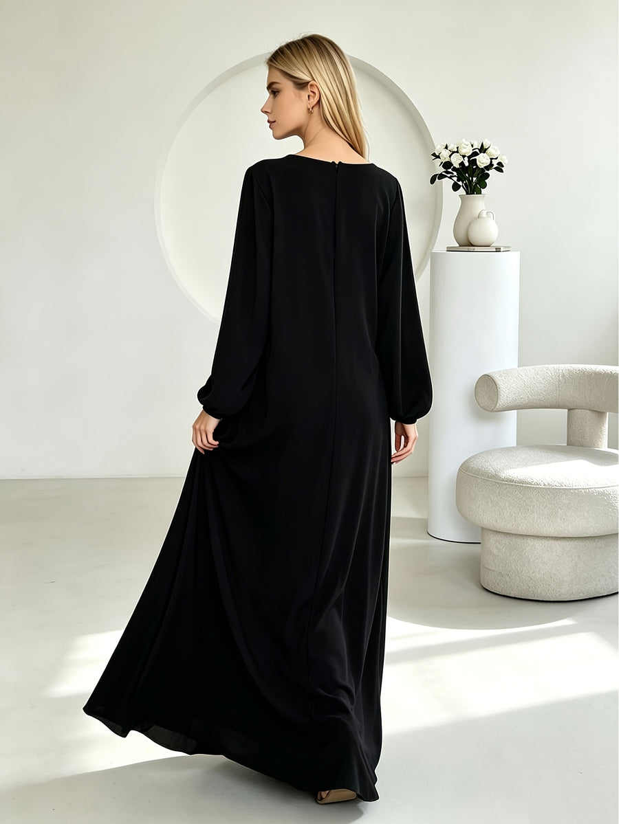 1pc Elegant Holiday Fashion Versatile Loose Pleated Back Zipper Solid Color Women's Robe, Suitable for Daily Wear, Comfortable, Casual, and Loose-Fitting. Women's Robe, Muslim Long-Sleeve Dress, Women's Maxi Dress - Black
