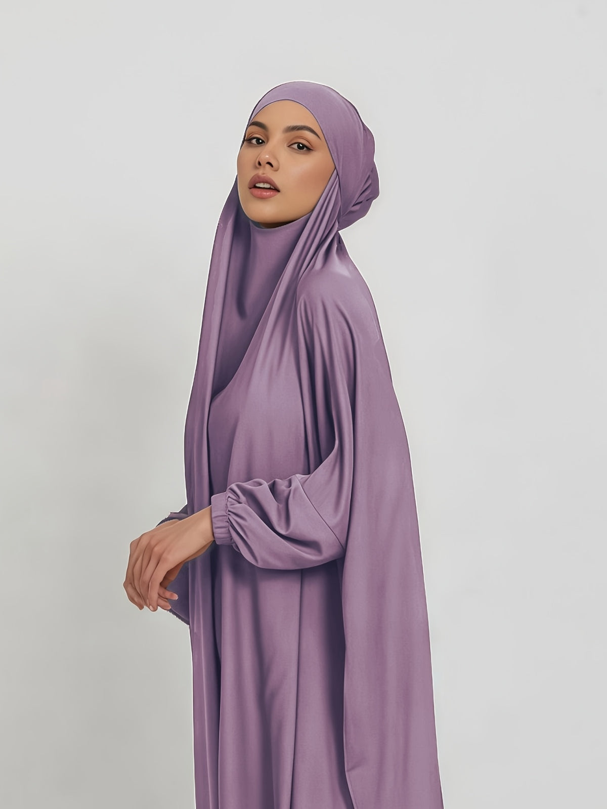 1pc Jilbab, 1pc Khimar with a Rich Drape, Cuffed Sleeves, and a Loose Fit, Suitable for Busy Daily Wear or Worship - Light Purple