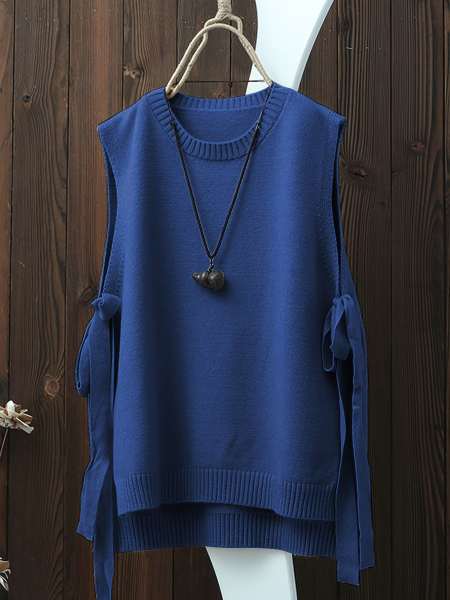 Women'S Spring Autumn Casual Fashion Niche Chic Vintage Easy Solid Round Neck Vest Sleeveless Side Slit Tie-Up Short Front Long Back Design Temperament Daily Versatile Quality Premium Gentle Elegant Loose Lazy Style Outerwear Sleeveless Camisole Top - Blue
