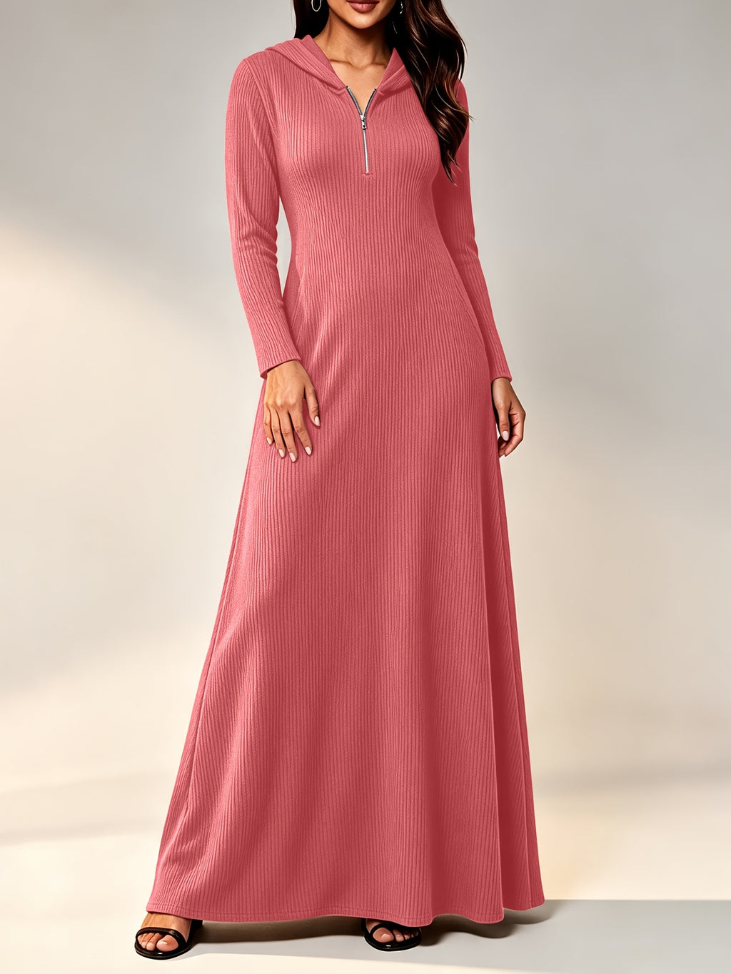 Plus Size - Western Plus Size Women'S Ribbed Hooded Long Dress, Half-Open Zipper Long Sleeve Fitted Flared Casual Floor-Length Skirt - Watermelon Red