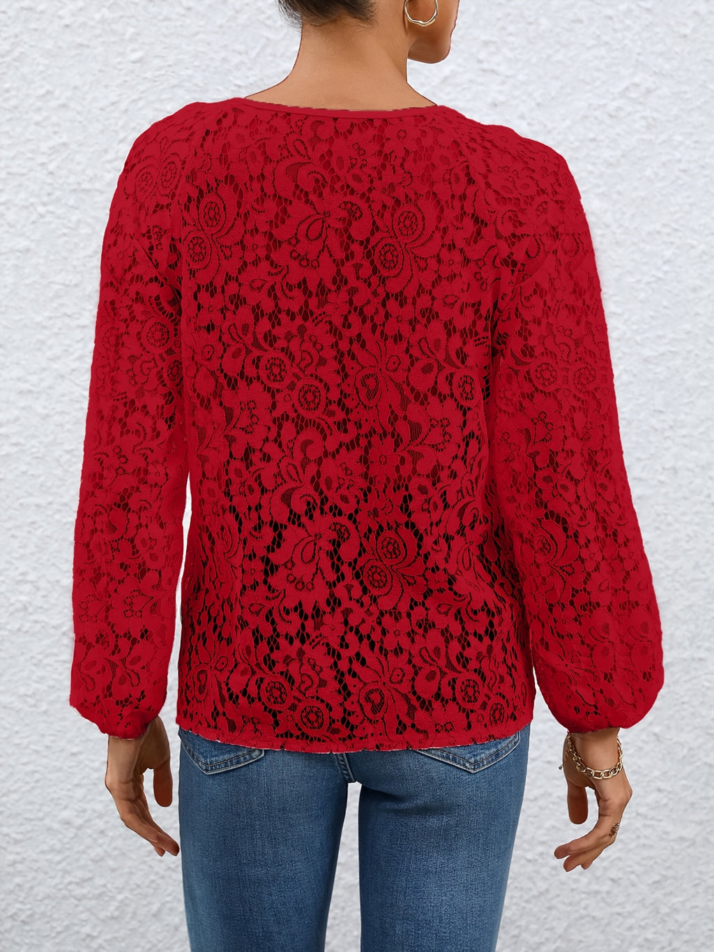 Ladies' clothing, casual fashion, elegant, transparent, solid color long sleeved, lace, solid color shirt - Red